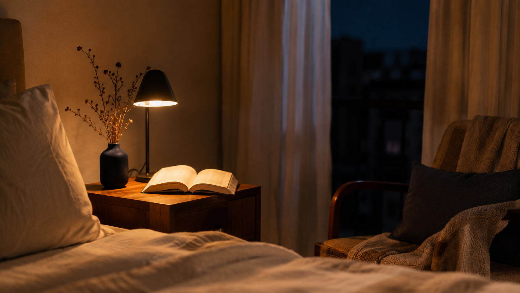 Gece sakin bir okuma köşesinde sıcak ışıklı lamba ve kitap